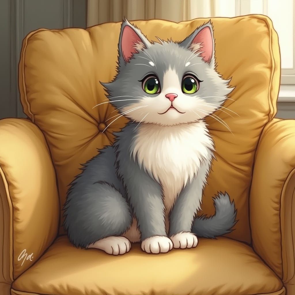 Cute Grey and White Cat in Cozy Sofa