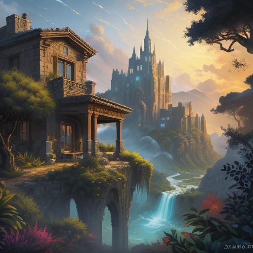 Oasis Villa Landscape in Comic Book Style