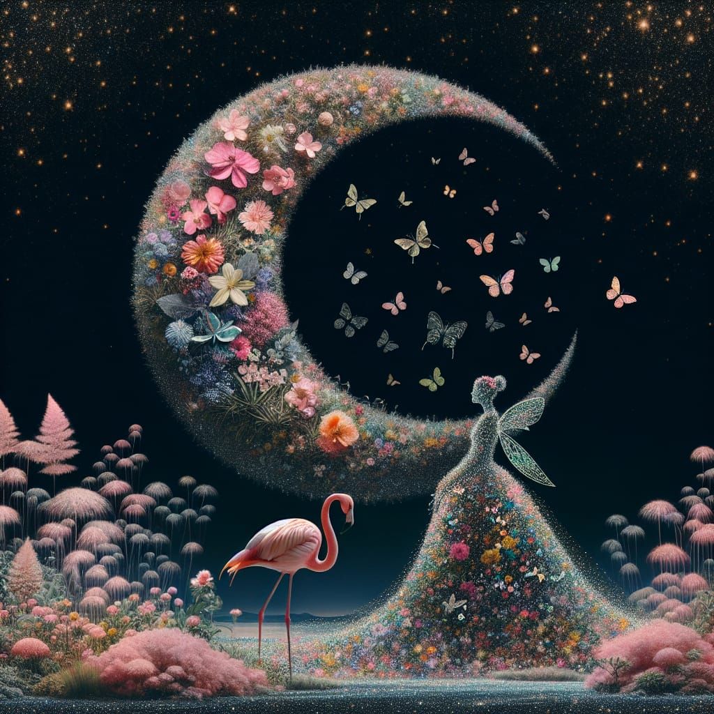 Fairy in Floral Dress on Crescent Moon