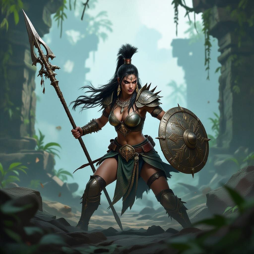 Fierce Amazon Warrior in Jungle Ruins