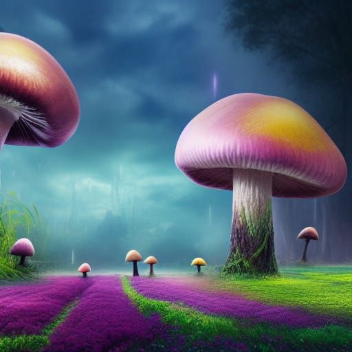 Colorful Enchanted Mushroom Field in Pastel