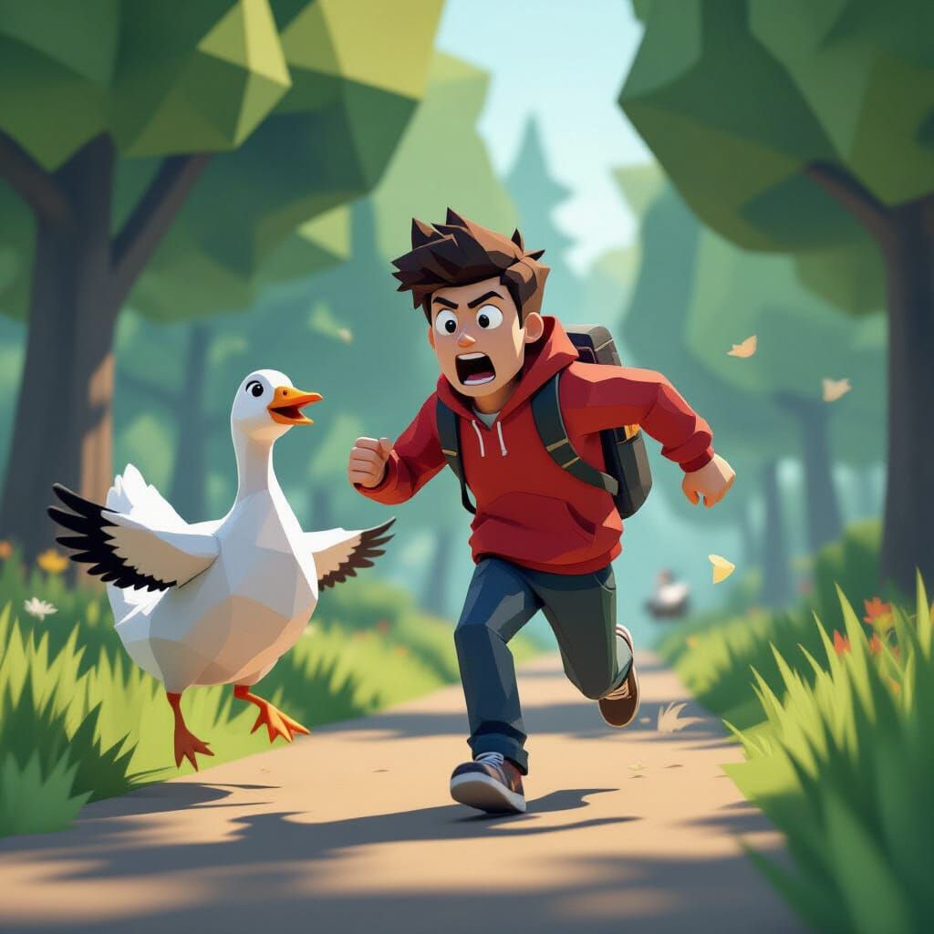 3D Low Poly Person Fleeing Aggressive Goose in Game Style