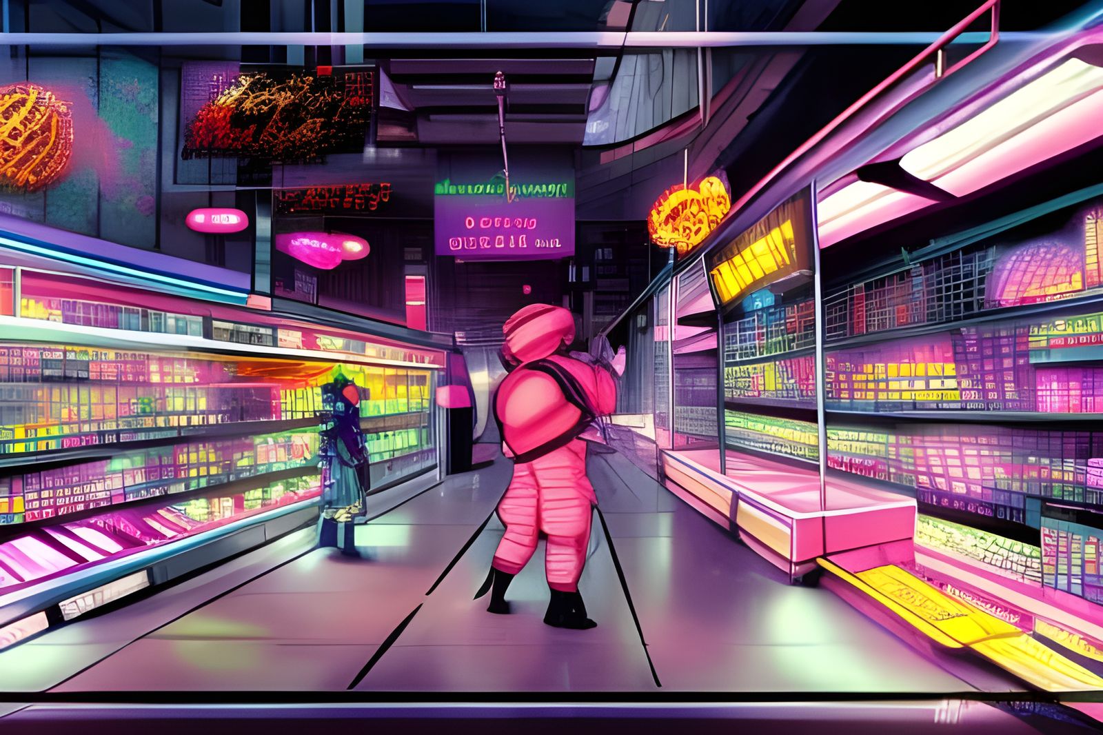Cyberpunk Man Shopping in Neon Grocery Store
