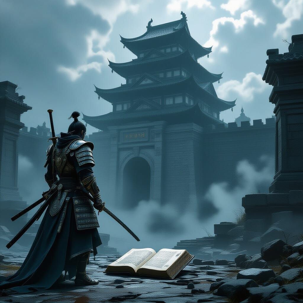 Samurai Guarding Crumbling Fortress with Forbidden Tome