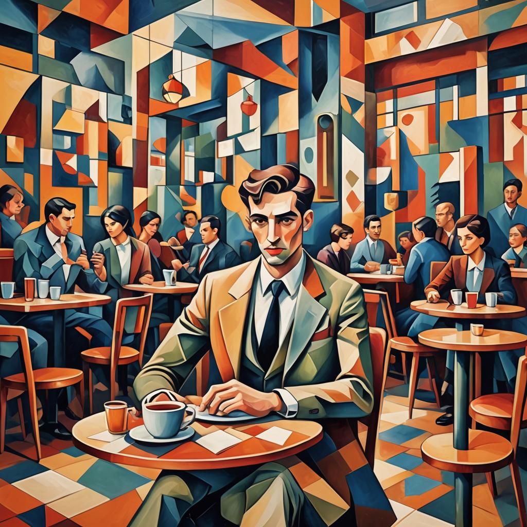 Cubist Cafe Scene in Geometric Fauvism Style