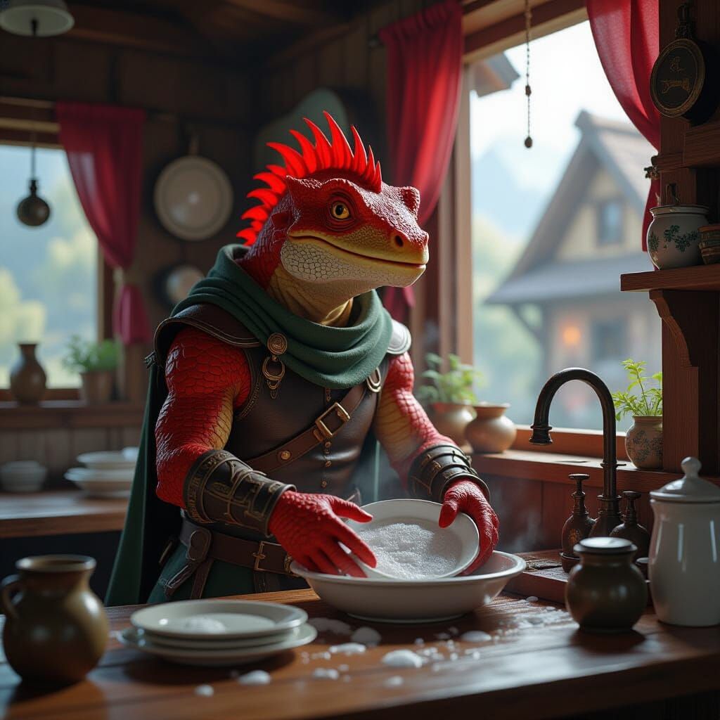 Lizardman Teenager Washing Dishes in Fantasy Inn