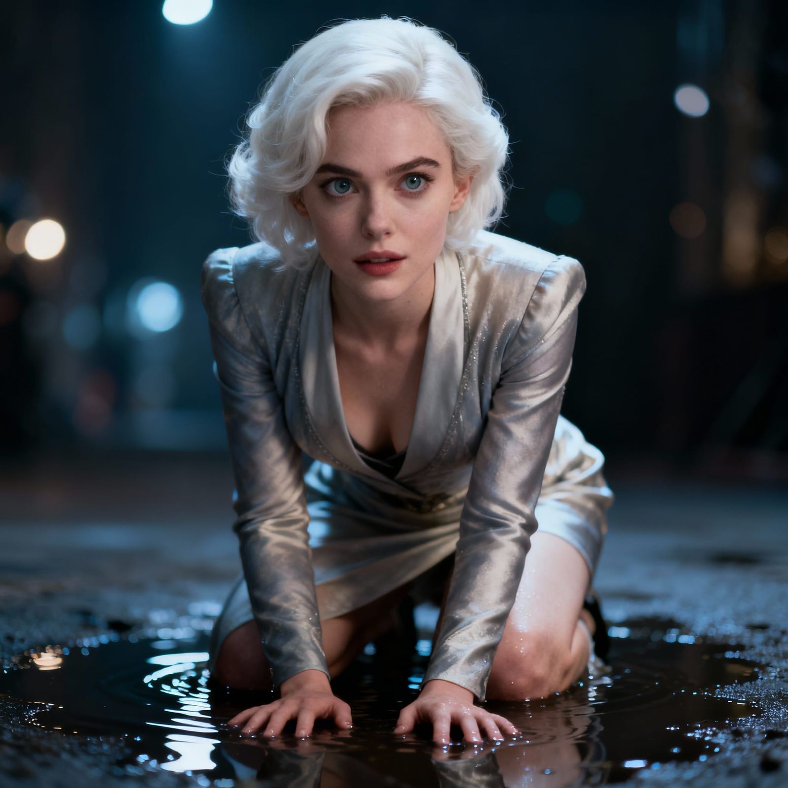Close-Up Portrait of White-Haired Woman Kneeling in Puddle