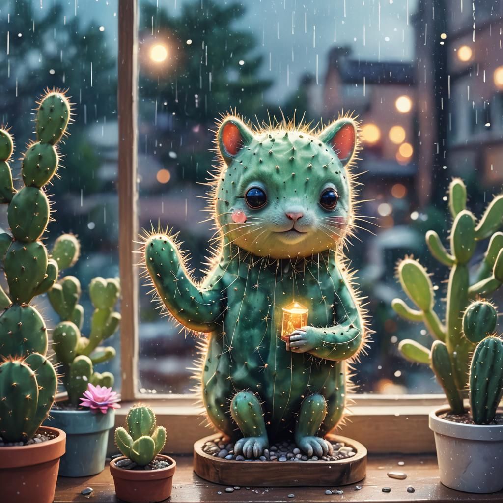 Cactus Creature Gazing at Rain, Astral Illustration
