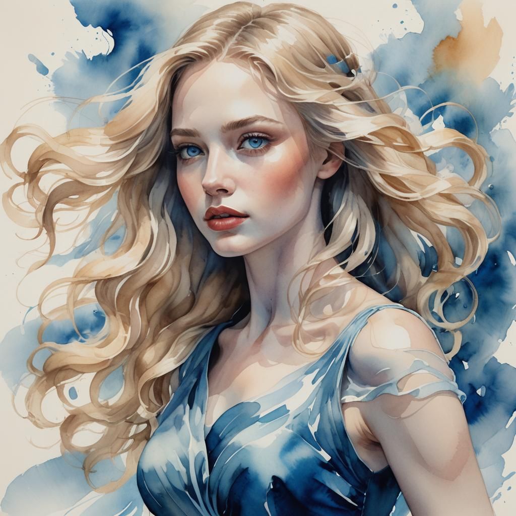 Ethereal Woman in Flowing Blue Dress