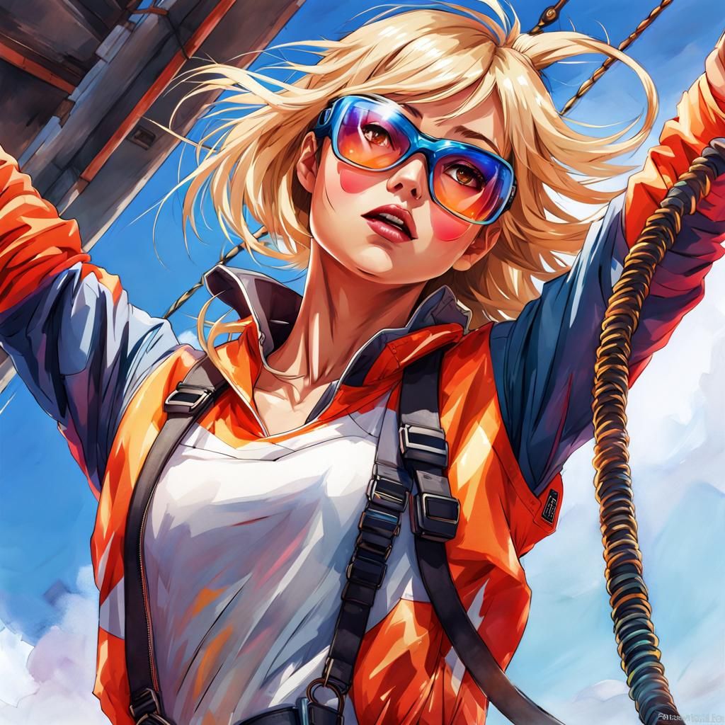 Blonde Woman Bungee Jumping in Vivid Digital Painting