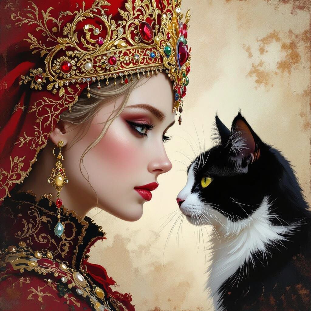 Woman With Red Gold Headdress Faces Cat, Gothic Surrealism S...