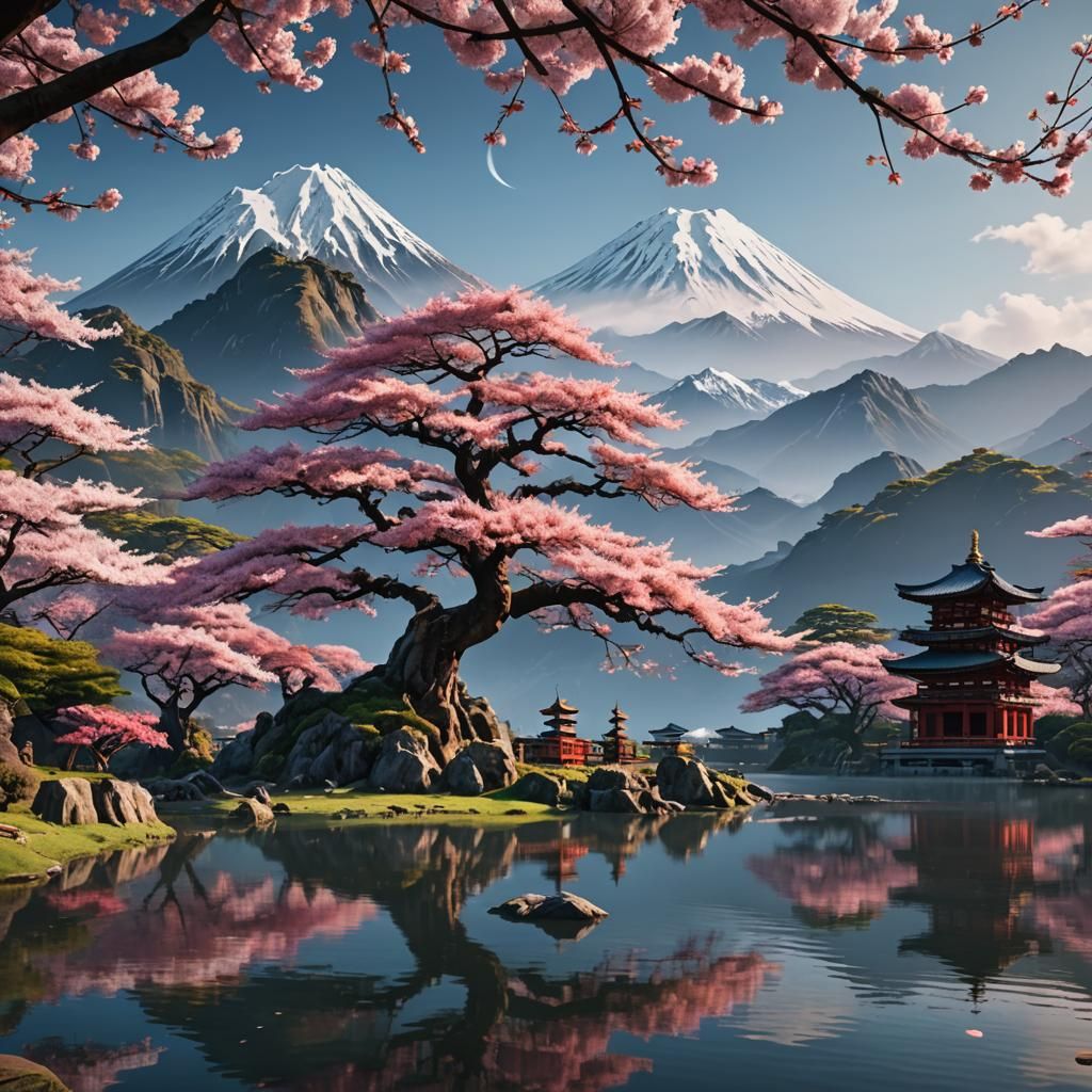 Sakura Tree by Lake: A Matte Painting