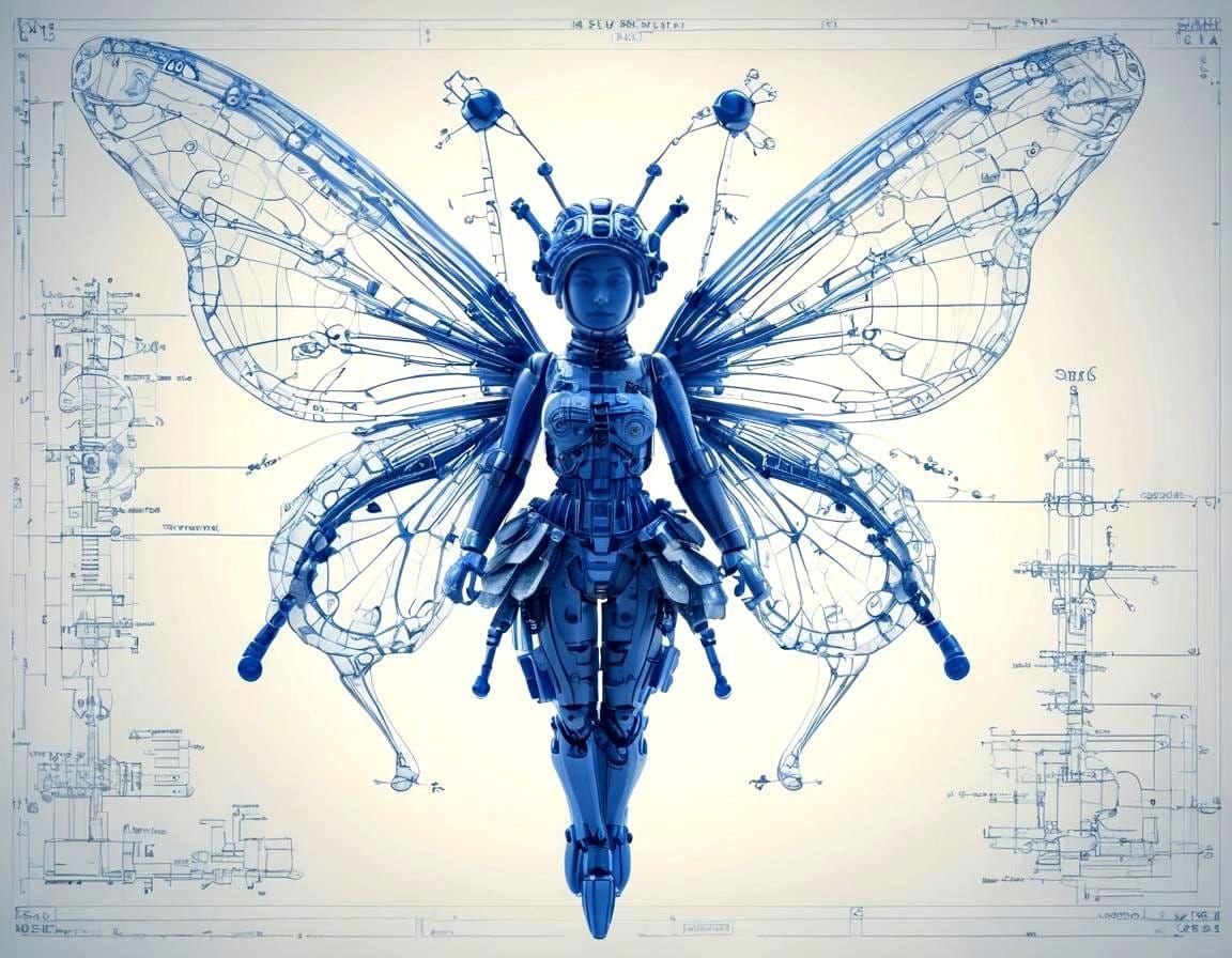 Lego Fairy Double Exposure in Blueprint Style