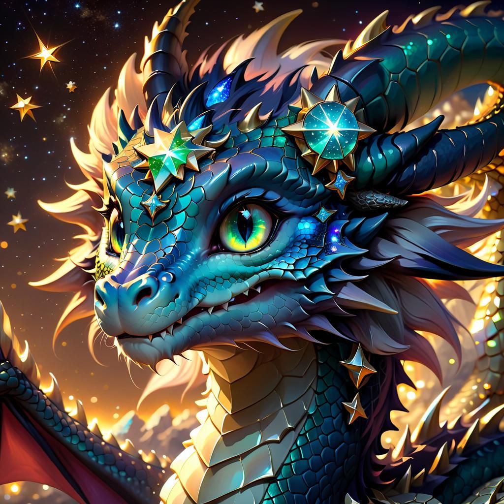 Adorable Dragon Portrait with Star Stones, Anime Style