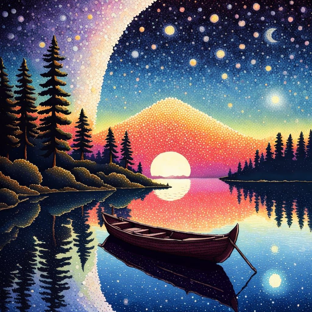 Pointillism Boat on Lake at Sunrise with Moon and Stars