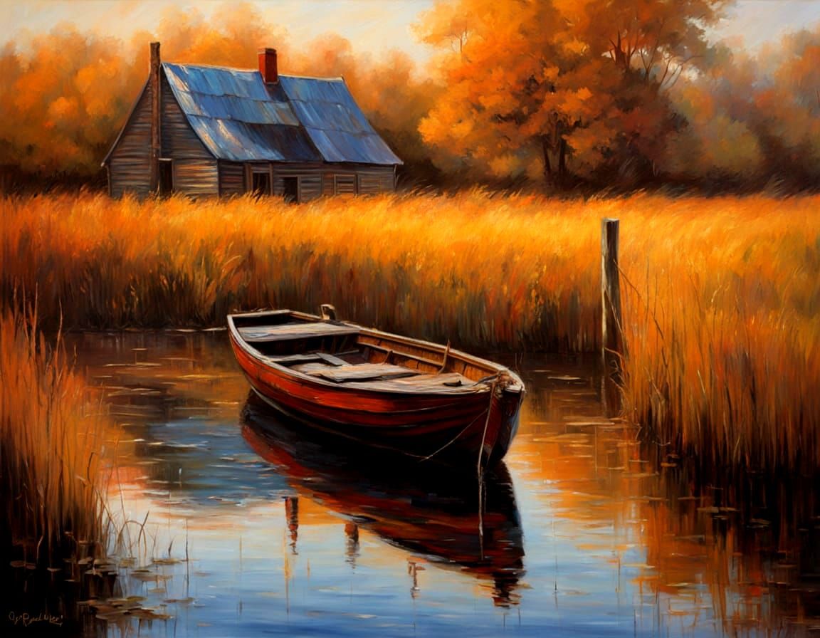 Warm Golden Light on a Serene Lake Scene, Impressionist Oil ...