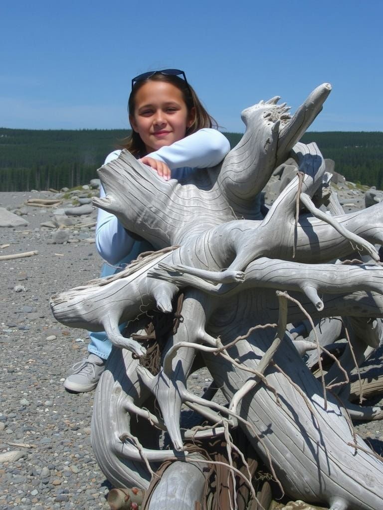 Girl and Driftwood in Nova Scotia