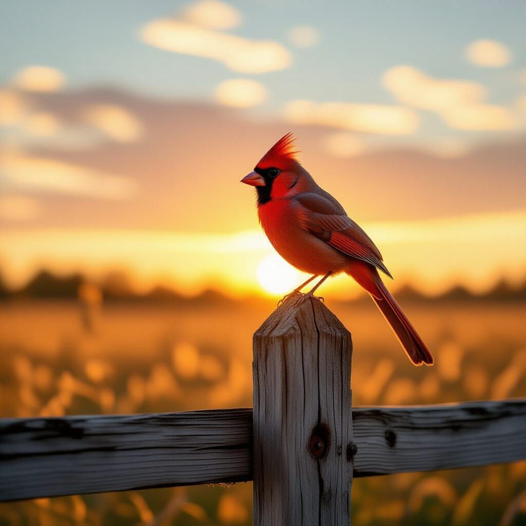 Lone Cardinal at Golden Autumn Sunset