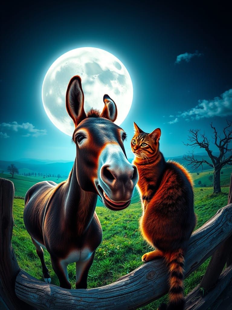 Donkey and Cat by Moonlit Fence in Neon Alcohol Ink