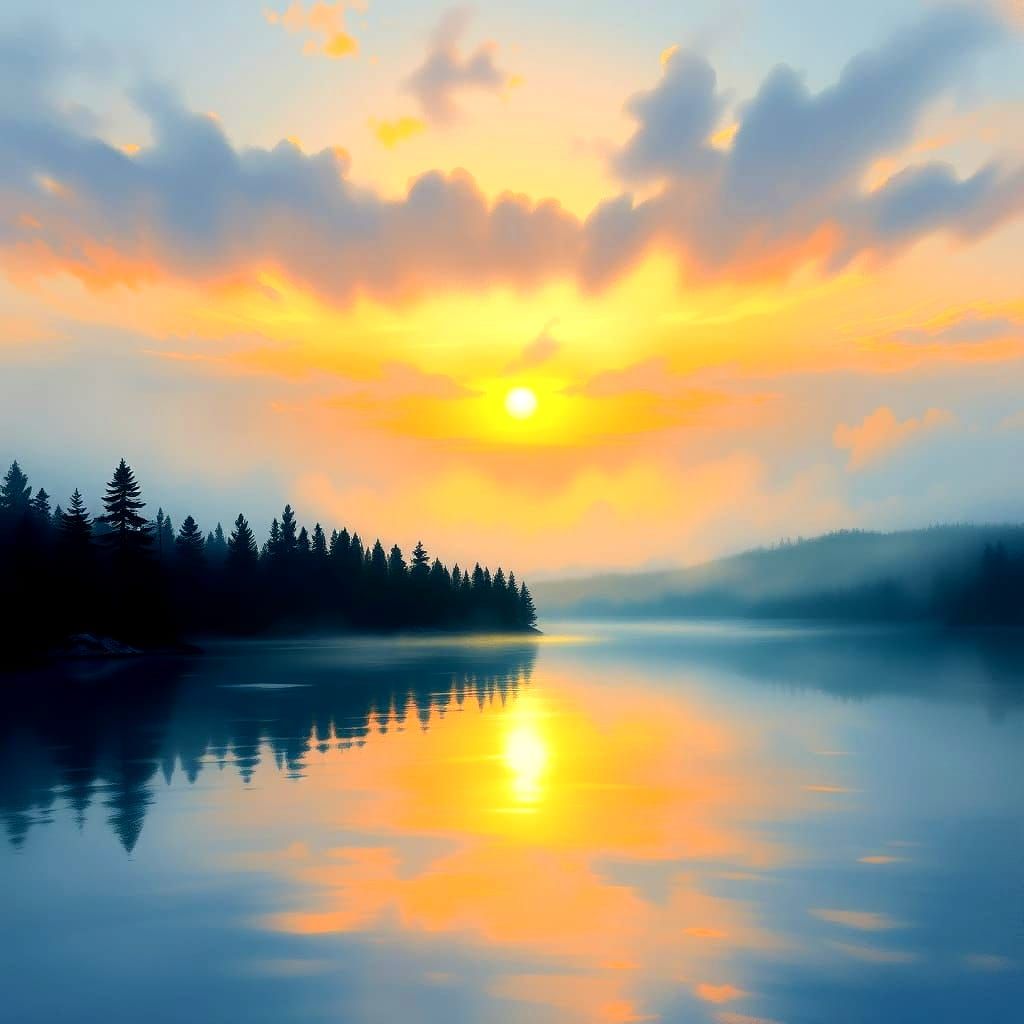 Impressionist Sunrise Over Misty Lake