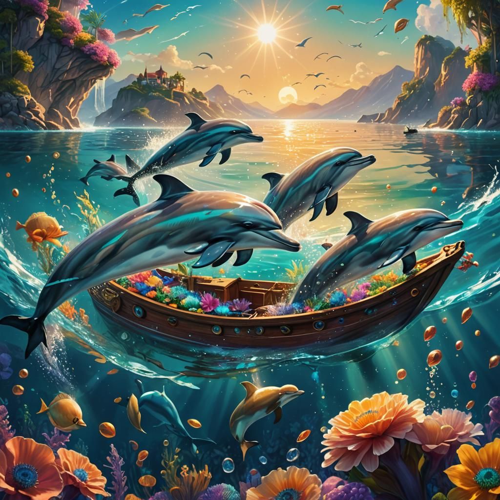 Dolphins in Crystal Water: Fantasy Digital Art