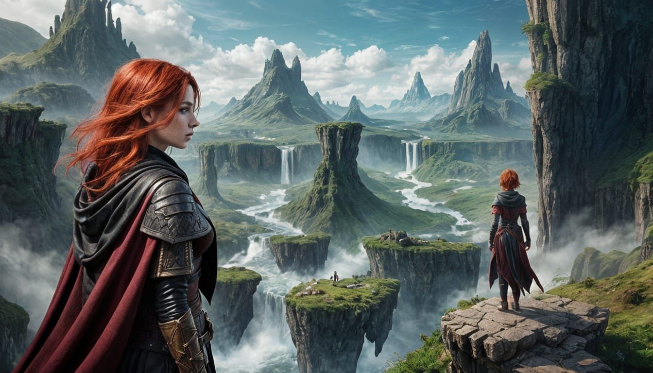 Red-Haired Adventurer in Vast Fantasy Valley