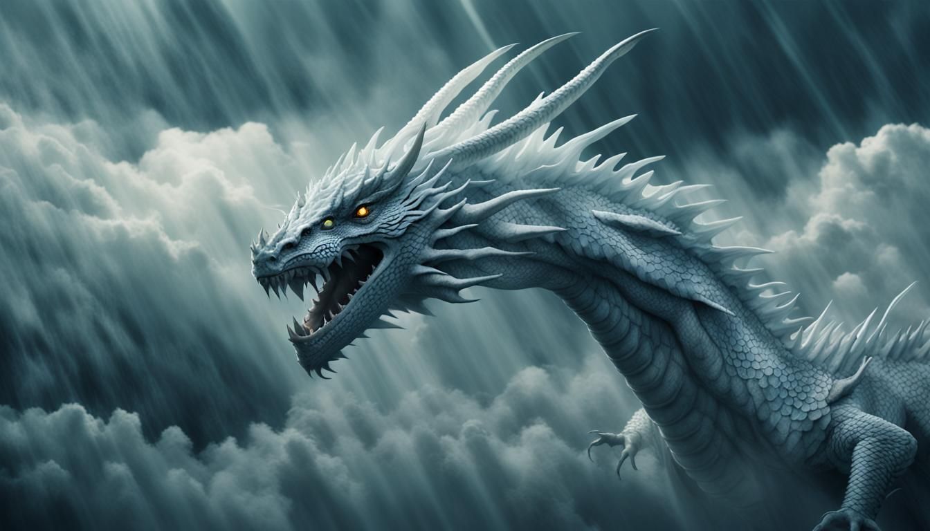 White Dragon Descends Through Stormy Clouds