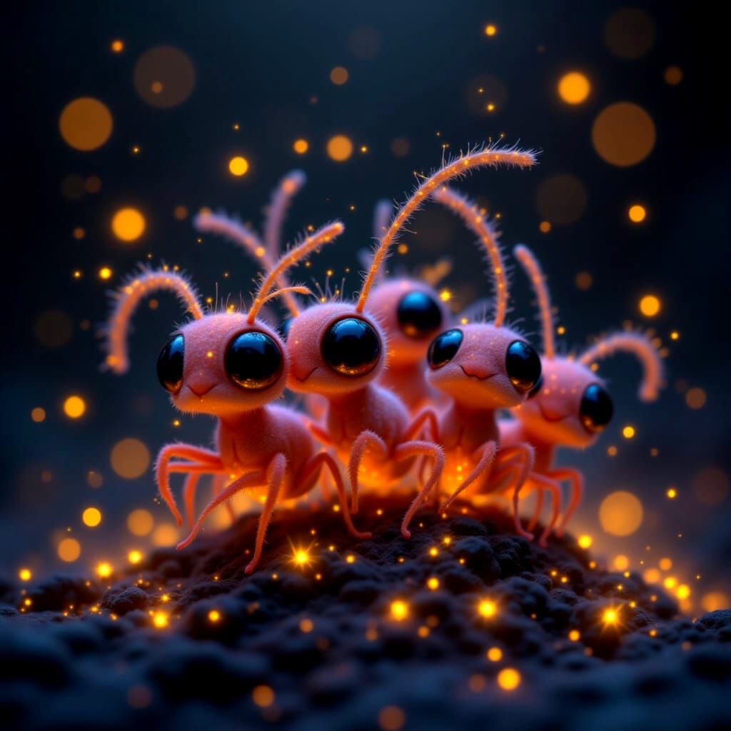 Whimsical Firefly Ants in a Dark Forest Glow