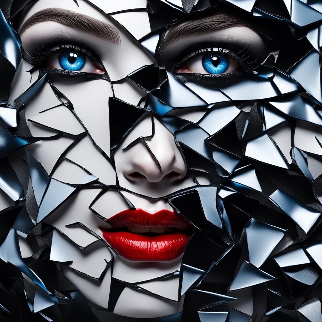 Shattered Matte Black Portrait with Red Lips