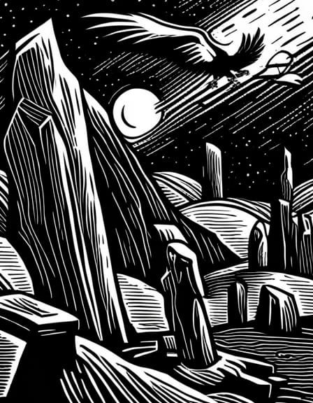 Raven on Branch: Medieval Woodcut in Black and White