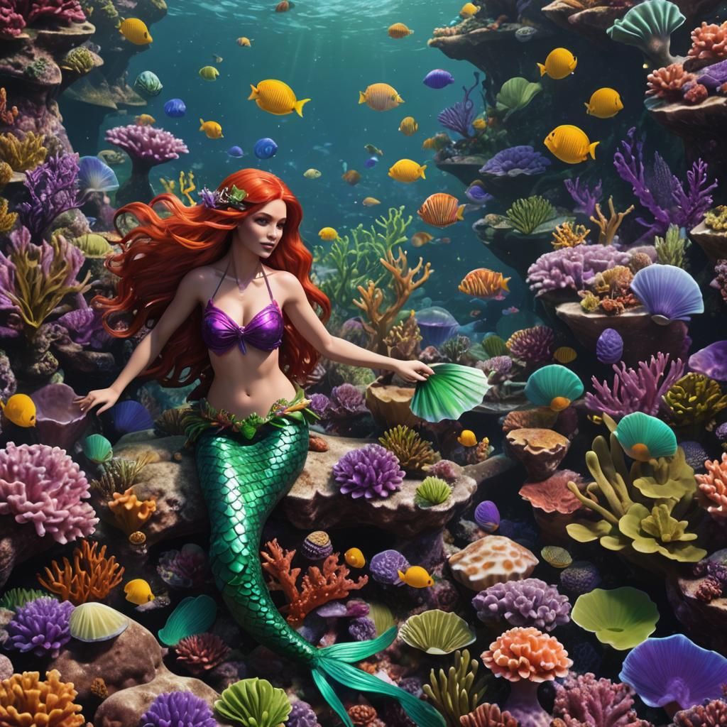 Redhead Mermaid in Coral Reef: Fantasy Concept Art