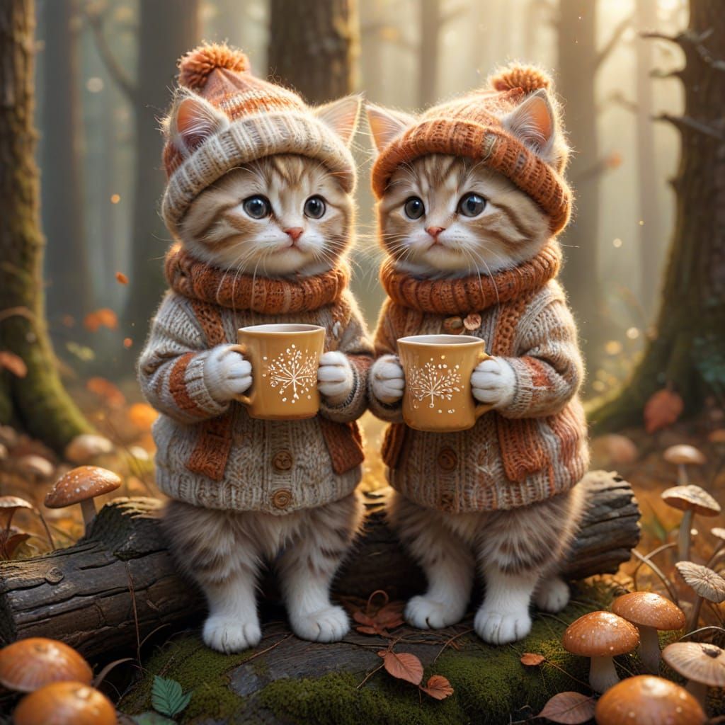 Adorable Kittens Enjoying Cocoa on Mushroom in Fantasy Art