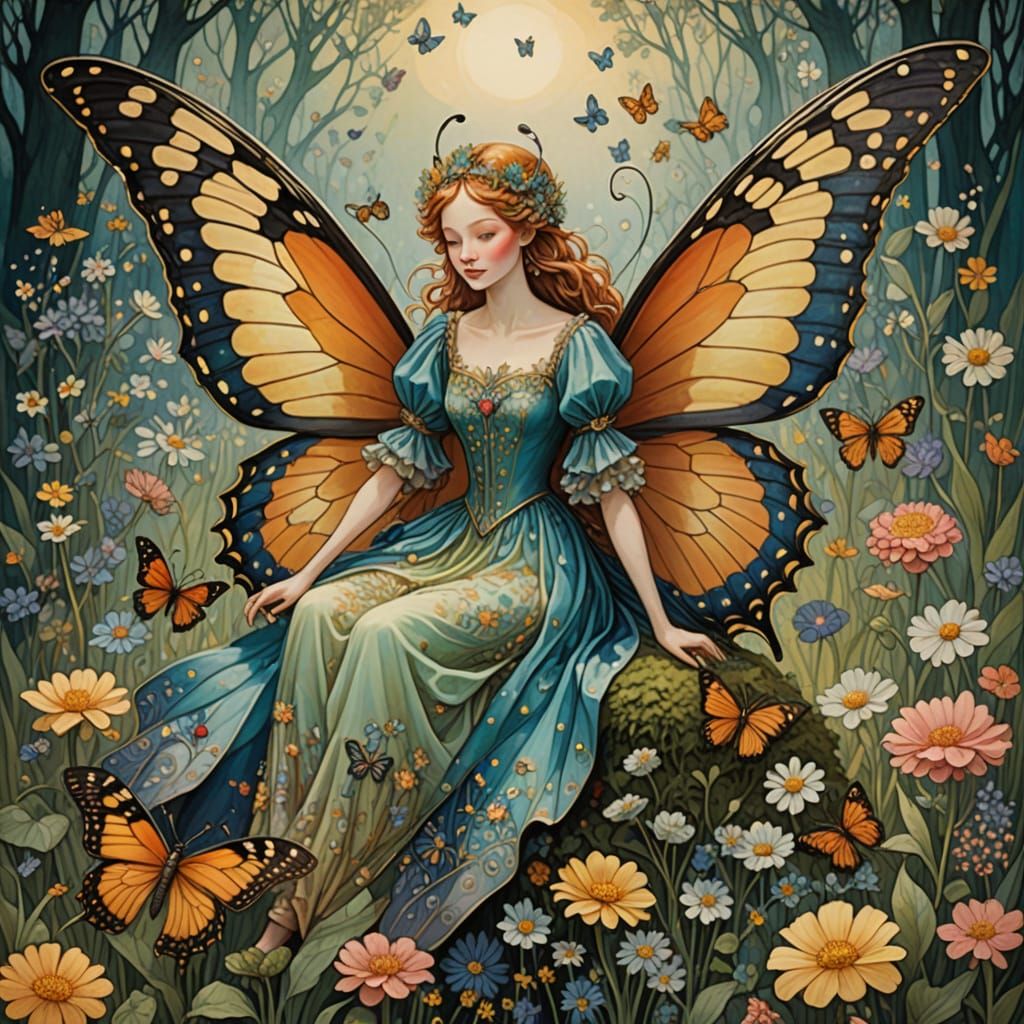 Fairy Queen on Butterfly in Enchanted Flower Field
