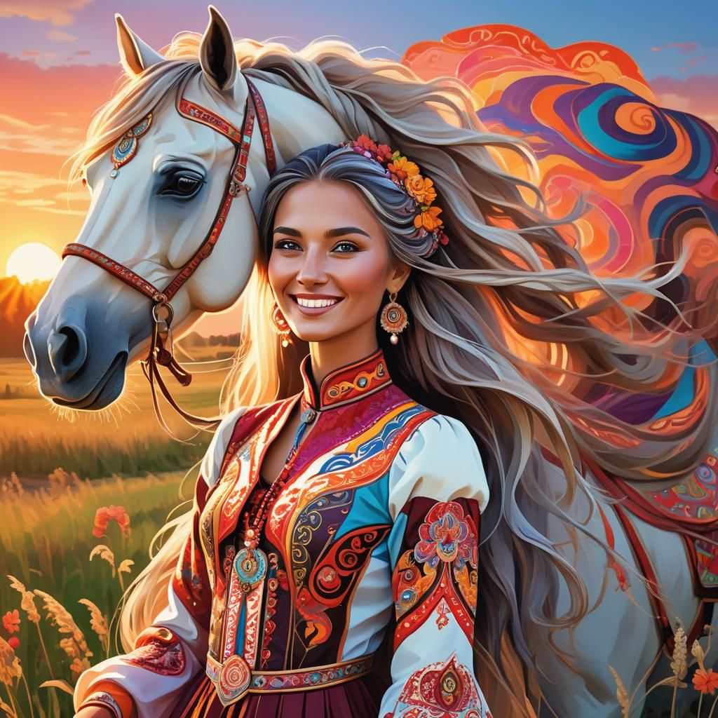 Bashkir Woman with Horse in Candy Art Style