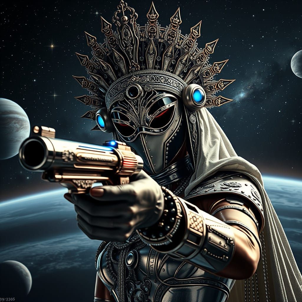 Cyberpunk Queen of Outer Space in Metallic Headdress and Chr...