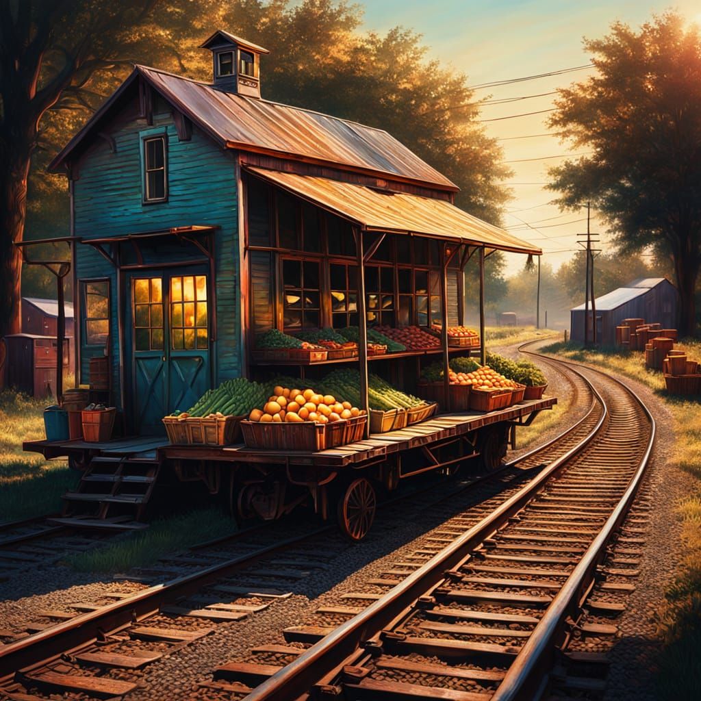 Surreal Farm Stand on Railroad in Oil Painting Style