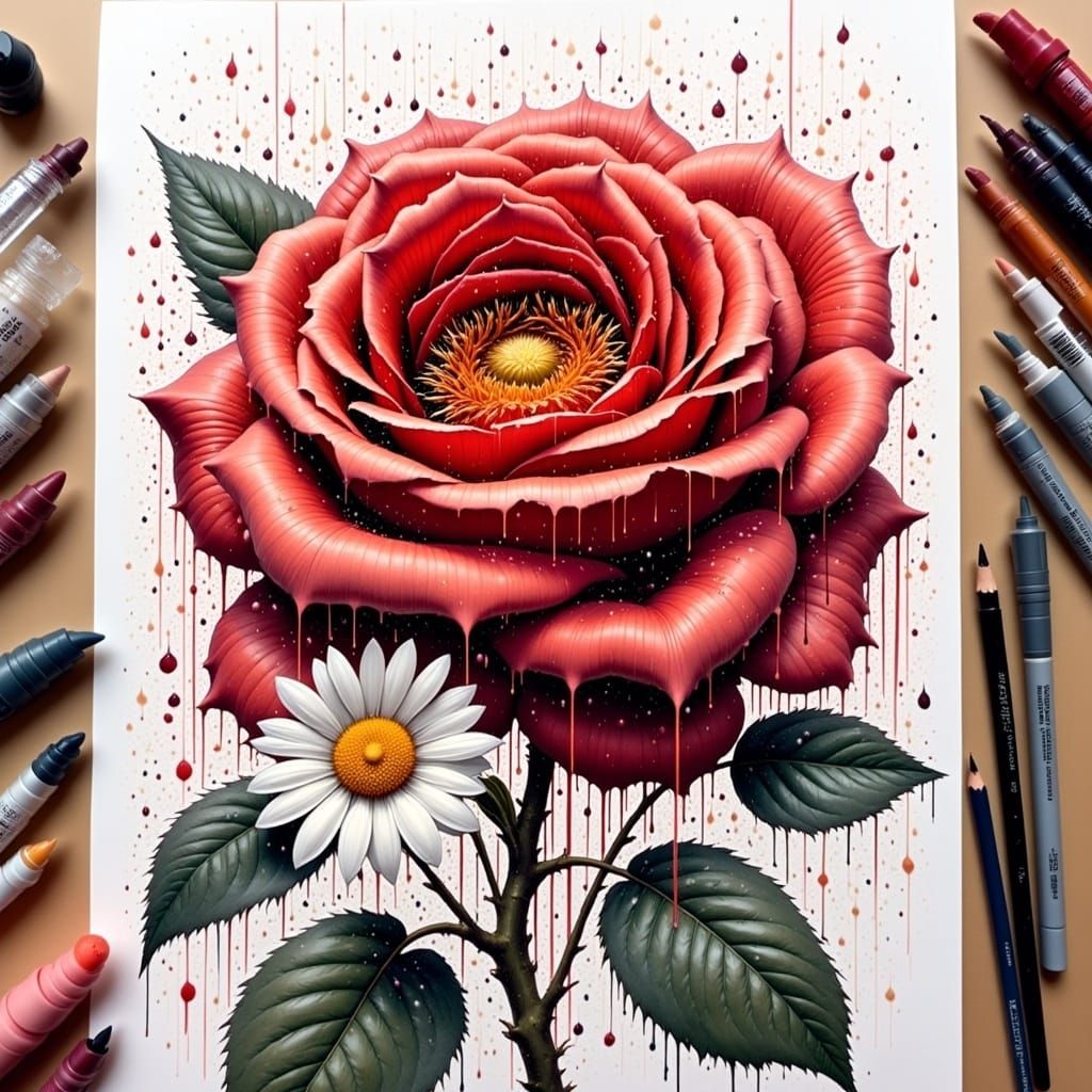 Vibrant Red Rose Safeguards Delicate White Daisy from Spring...