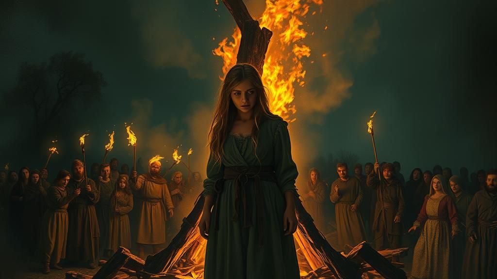 in history1350: a young and beautiful woman is accused to be a witch and must die on a pyre
