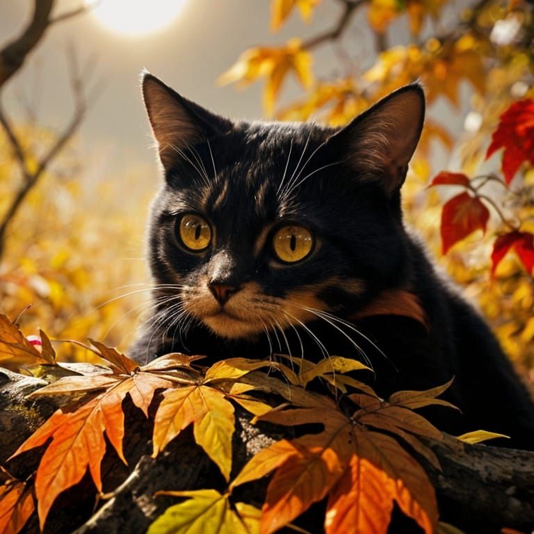Cat Playing in Autumn Leaves, Graffiti Art