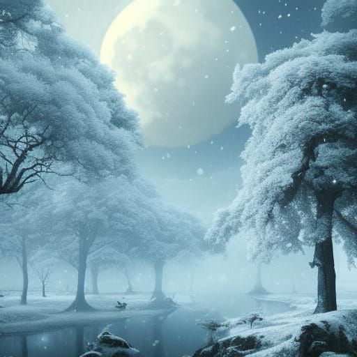 Snowy Forest Under Moonlight: Digital Matte Painting