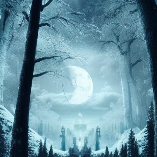 Snowy Forest Under Moonlight: Digital Matte Painting