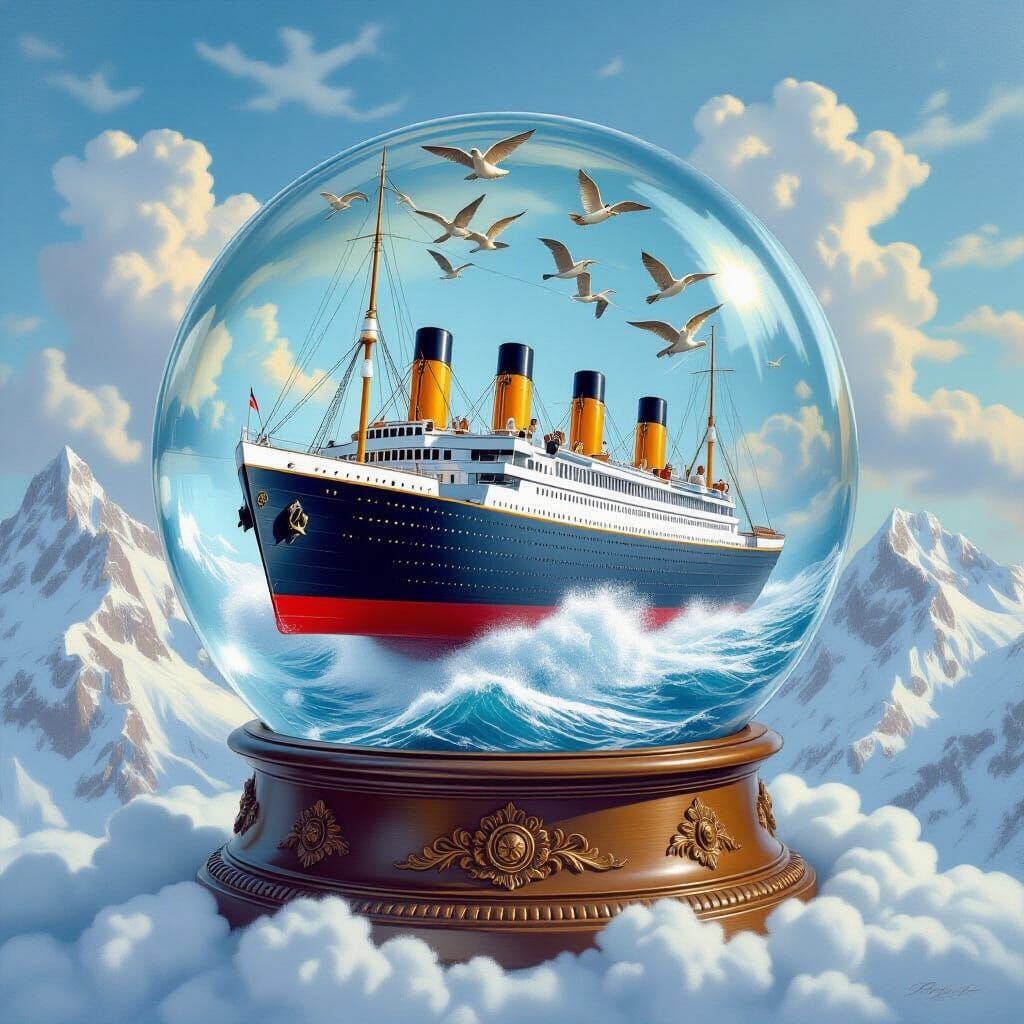 Titanic Snow Globe Soaring with Steampunk Birds