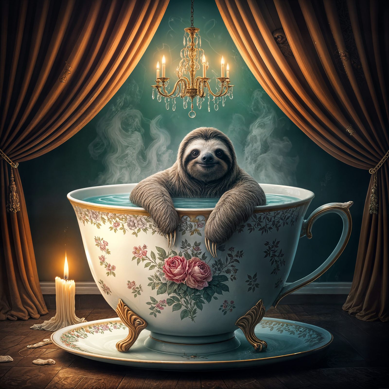 Sloth Relaxing in Giant Teacup Bathtub