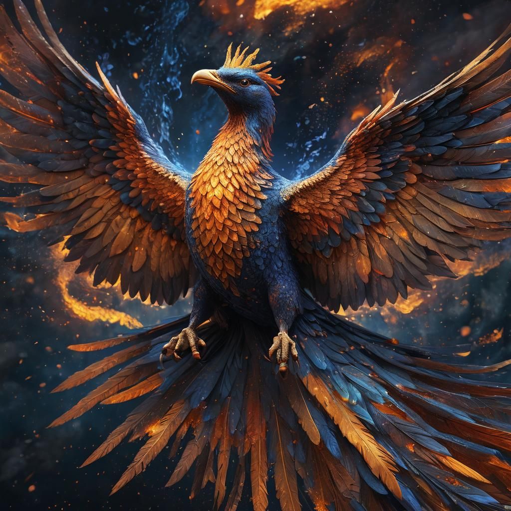 Pointillist Phoenix Rising from Flames in Flight