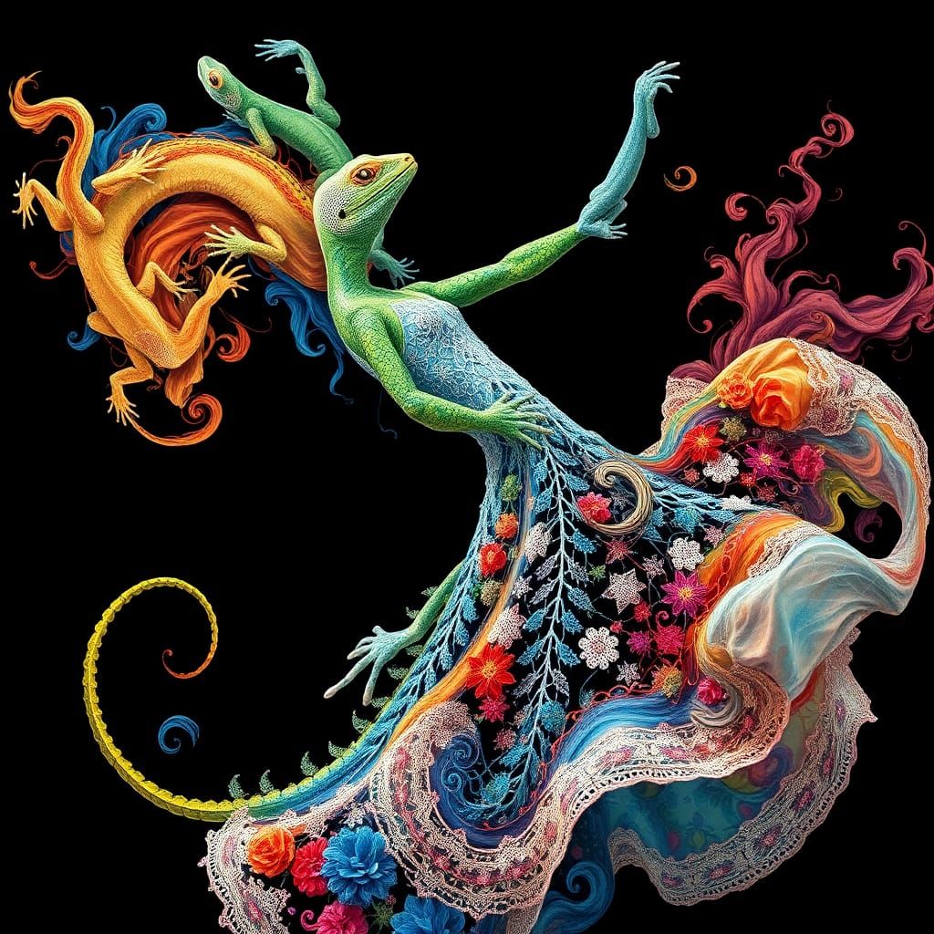 Woman Dancing in Embroidered Lizard Dress, Ink Flow Art