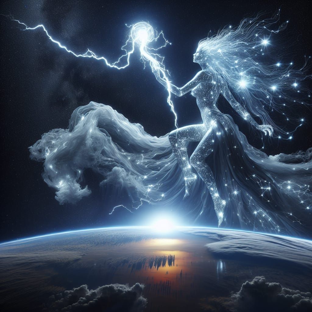 Celestial Goddess of Lightning Above Planet