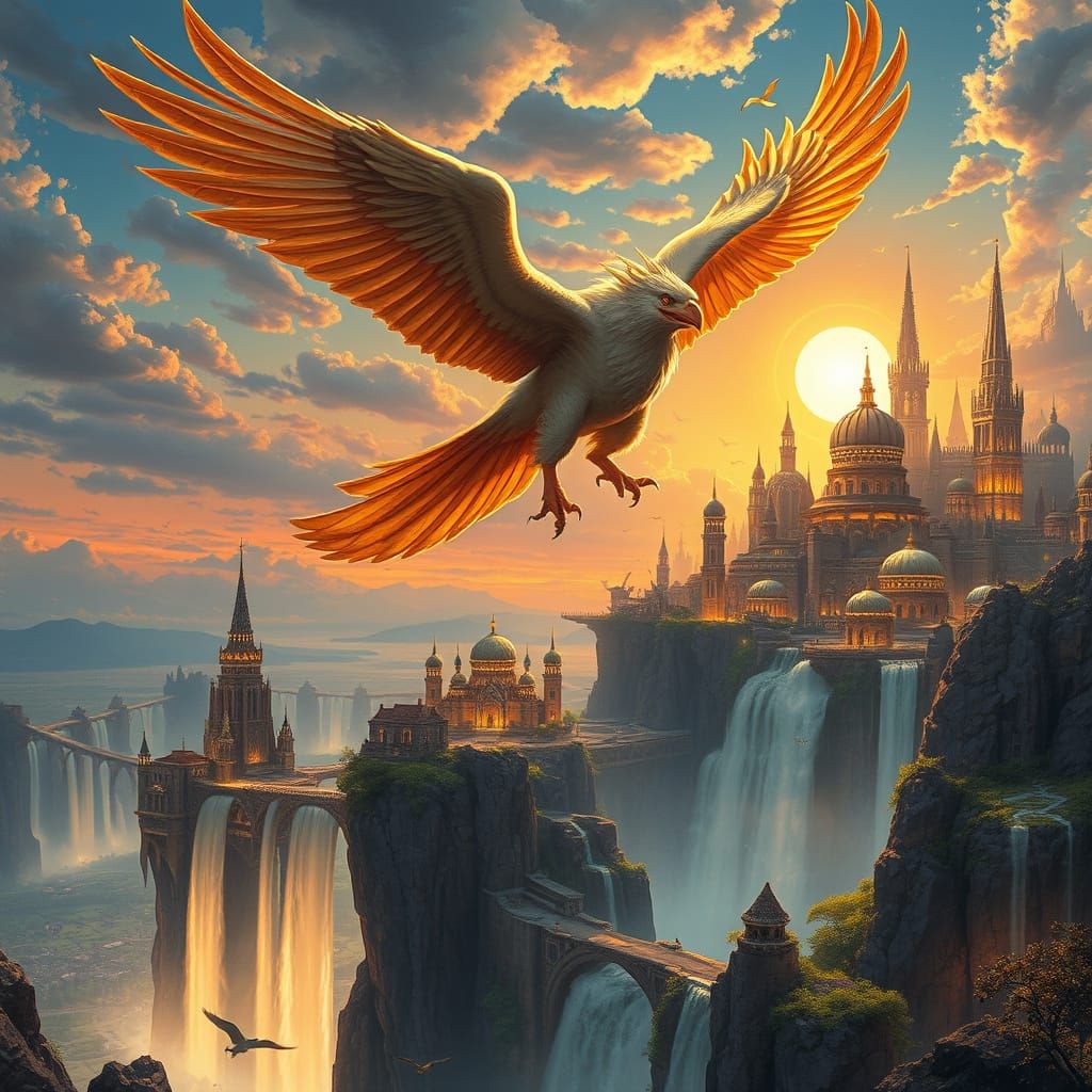 Griffin Soaring Over Floating City in Fantasy Art