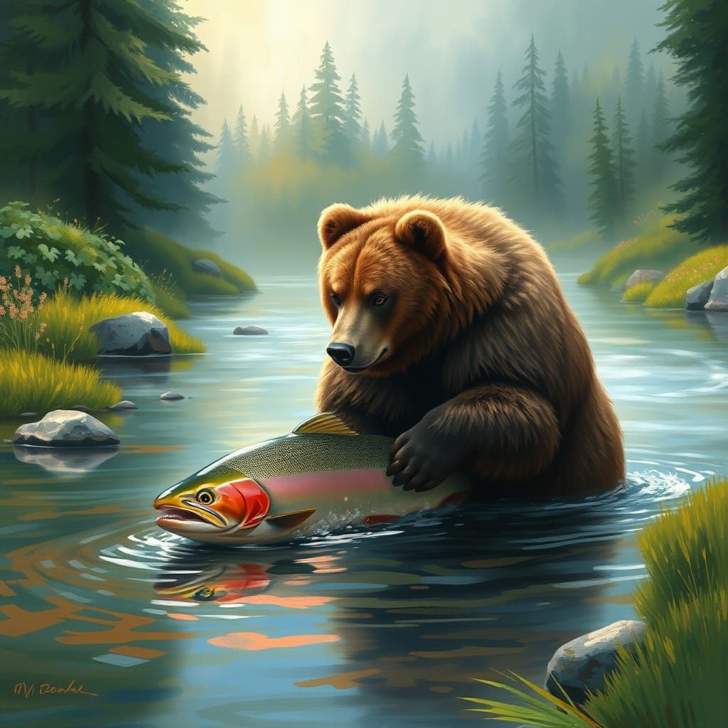 Bear Catching Salmon in River, Blended Art Styles