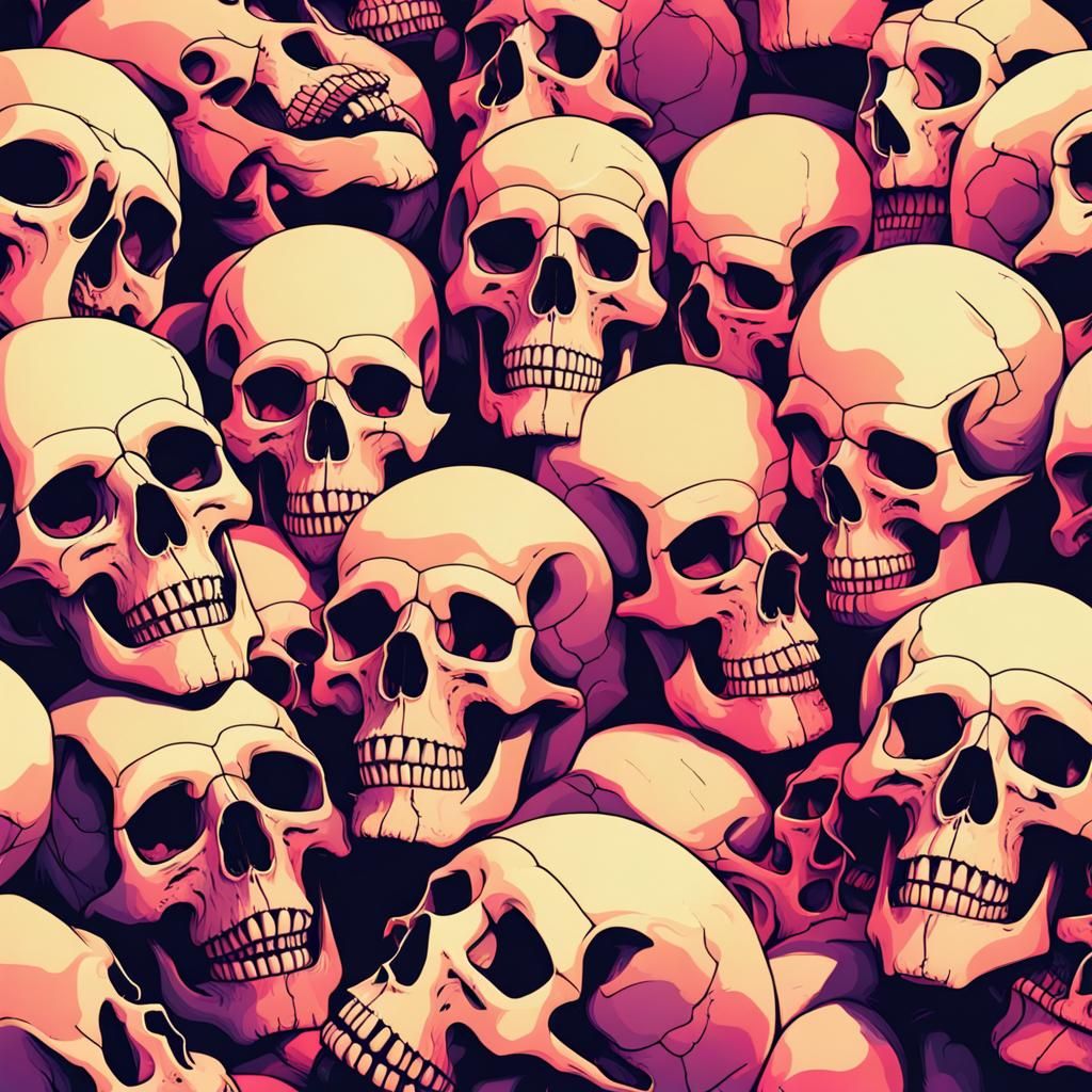 Synthwave Pile of Skulls in Neon Retro Style