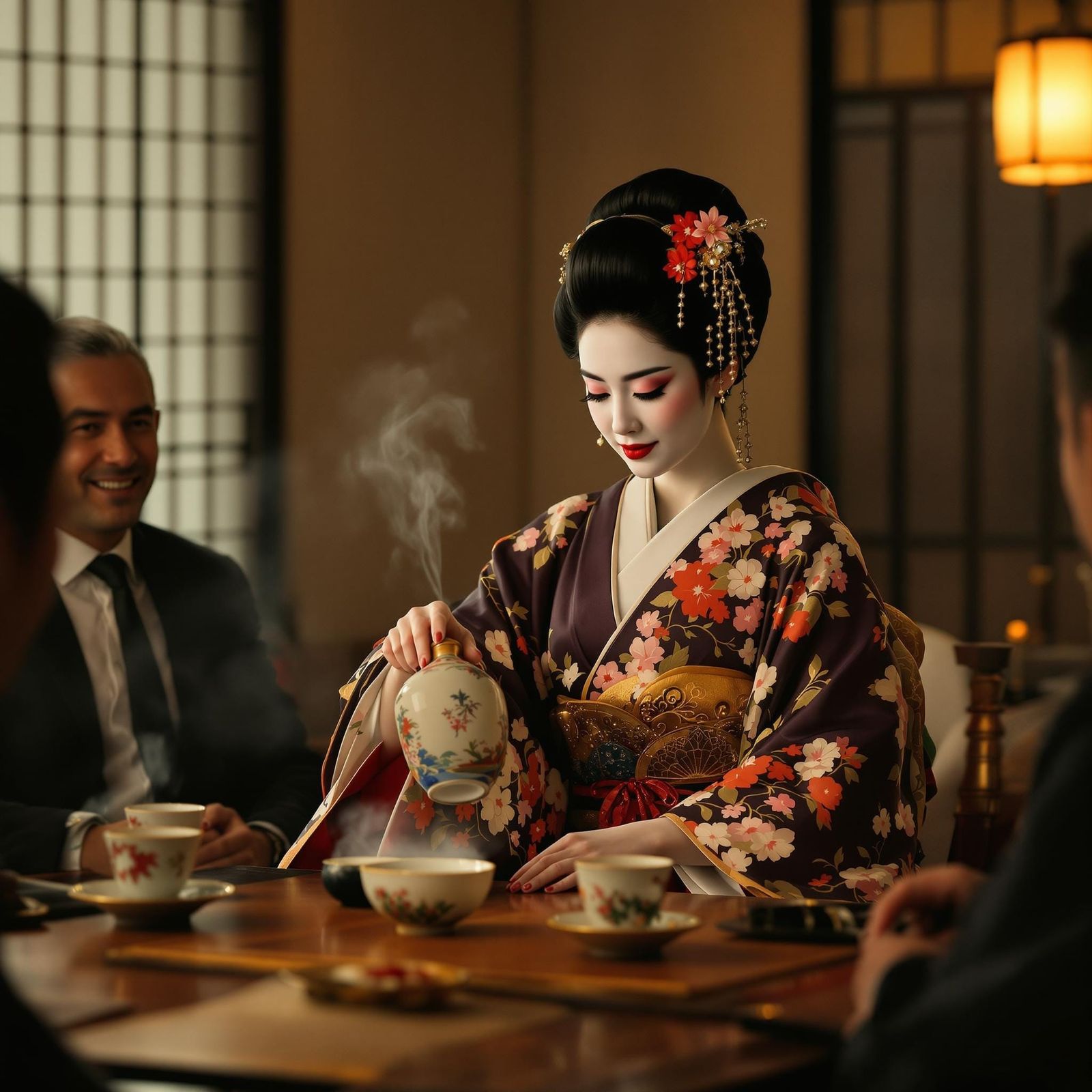 Photorealistic picture of a beautiful geisha. In a dimly lit room with tatami mats and paper lanterns, a geisha, her fac...